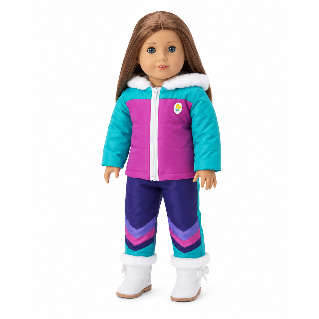 An 18-inch doll with long brown hair, wearing a colorful winter outfit: a turquoise-and-magenta jacket with white faux-fur trim and matching purple-and-pink patterned pants, shown against a plain white background.