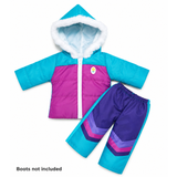 A two-piece 18-inch doll winter outfit set consisting of a hooded puffer jacket and matching pants, shown on a plain white background with a text note stating 'Boots not included'. The jacket features a bright turquoise blue upper section, a magenta pink lower section, a white faux-fur-trimmed hood, and a white front zipper.