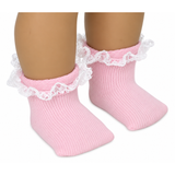 A pair of light pink socks with white lace detailing, designed to fit 18-inch dolls.