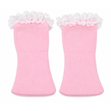 A pair of pink ribbed knit 18-inch doll socks with white lace ruffles along the top edge, shown side by side on a white background.