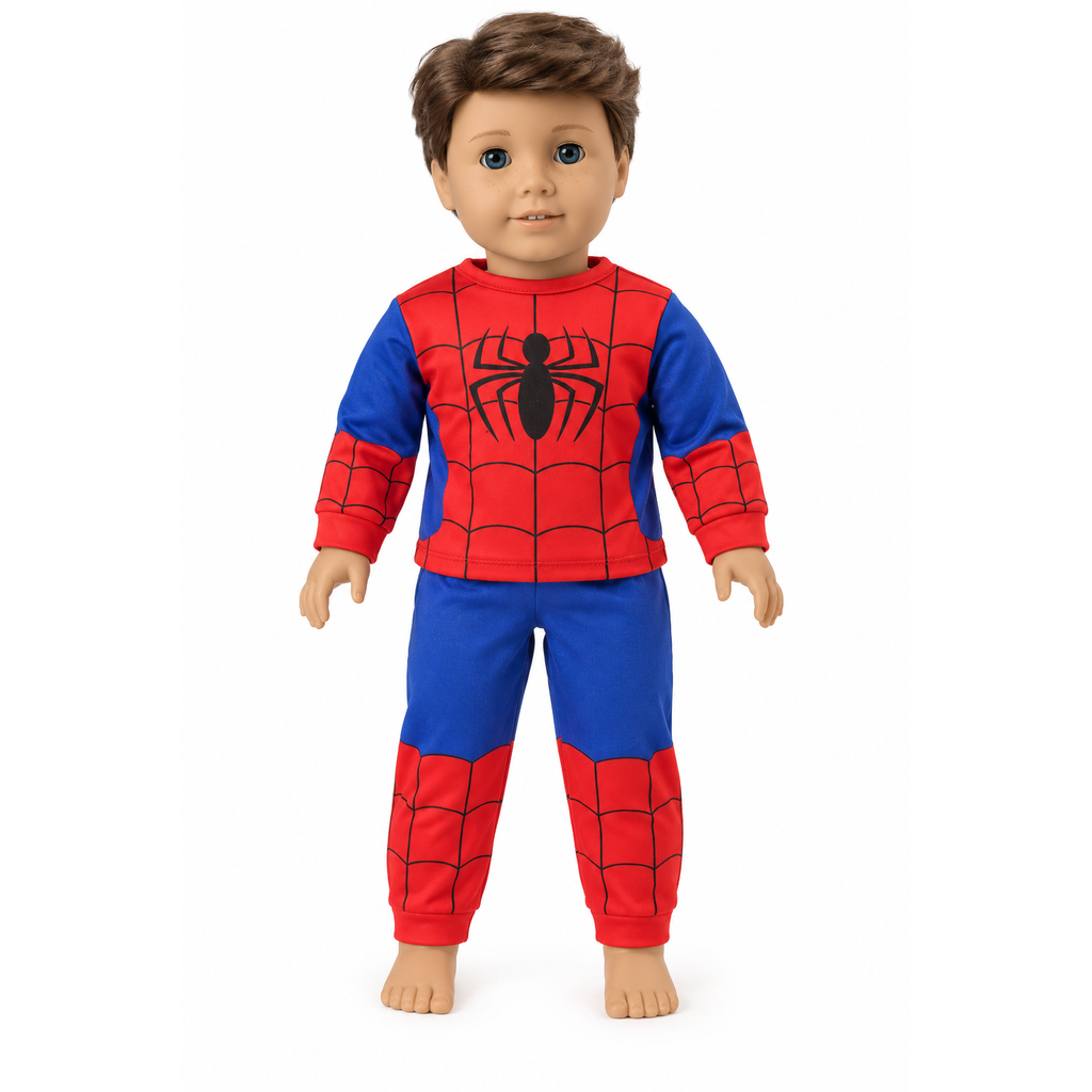 18-inch boy doll wearing a red and blue spider superhero pajama outfit with web-print shirt and matching pants.