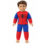 18-inch boy doll wearing a red and blue spider superhero pajama outfit with web-print shirt and matching pants.