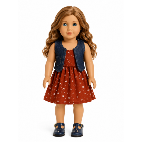 An 18-inch doll with long wavy light brown hair wearing a rust red floral dress with a blue denim vest and navy blue shoes, standing against a plain white background.