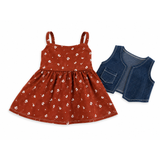 Rust floral sundress and blue denim vest 2-piece outfit for 18-inch dolls