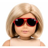 Red aviator-style sunglasses for 18-inch dolls, modeled on a blonde doll with a bob hairstyle.