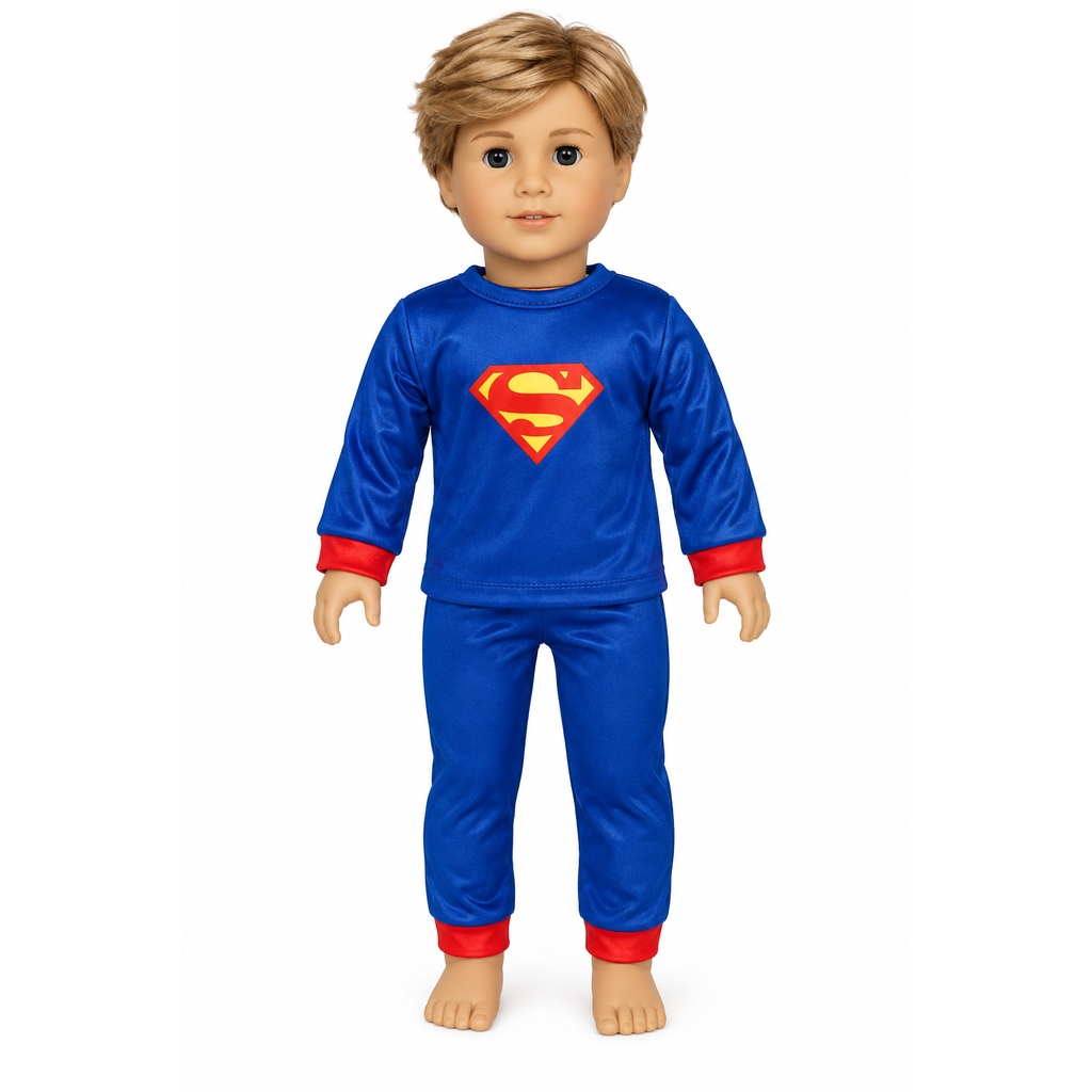 An 18-inch doll with blonde hair wearing a blue long-sleeve pajama set with a red and yellow S logo on the chest, red cuffs, and red ankle cuffs, standing against a plain white background.