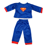 Superhero pajama set for 18" dolls features a royal blue top and matching pants with bold red accents. Fun sleepwear for doll-sized heroes!