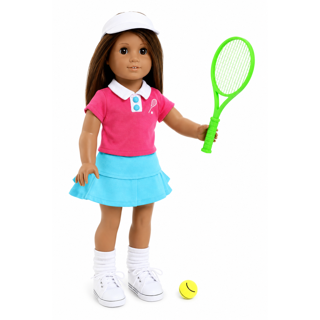 An 18-inch doll in a pink polo shirt, light blue tennis skirt, and white visor, holding a bright green tennis racket with a yellow tennis ball, on a white background.