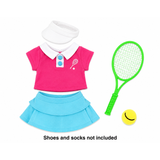 An 18-inch doll tennis outfit set featuring a bright pink short-sleeve polo shirt with a white collar, a light blue pleated tennis skirt, a white visor, a green toy tennis racket, and a yellow tennis ball, displayed on a white background with a text note at the bottom that shoes and socks are not included.