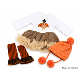 An Autumn Thanksgiving Turkey Outfit with embroidered turkey shirt, brown ruffled skirt, striped leg warmers, and orange pom-pom hat for an 18-inch doll