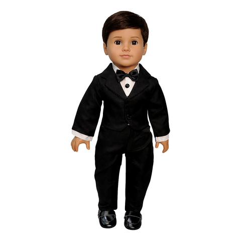 18" Boy Doll wearing a black tuxedo with white shirt and a bow tie
