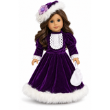 Victorian purple velvet outfit for 18-inch dolls with lace-trimmed top, faux-fur skirt, decorated purple hat with pearls, and white purse.