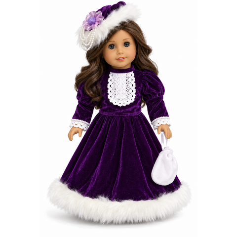 Victorian purple velvet outfit for 18-inch dolls with lace-trimmed top, faux-fur skirt, decorated purple hat with pearls, and white purse.