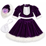 The layout of a Victorian purple velvet outfit for 18-inch dolls with lace-trimmed top, faux-fur skirt, decorated purple hat with pearls, and white purse.