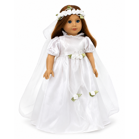18-inch doll wearing a white wedding dress with rose accents and a flower veil decorated with pearls.