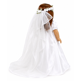 The back view of a 18-inch doll wearing a white wedding dress with rose accents and a flower veil decorated with pearls.
