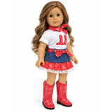 18-inch doll wearing a 3-piece red Western cowgirl outfit with white cowboy boot shirt, denim-look ruffled skirt and matching red bandana.