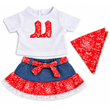 18-inch doll 3-piece red Western cowgirl outfit with white cowboy boot shirt, denim-look ruffled skirt and matching red bandana.