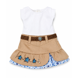 18 inch doll Western style dress with tan layered floral skirt, white top and brown belt with turquoise buckle