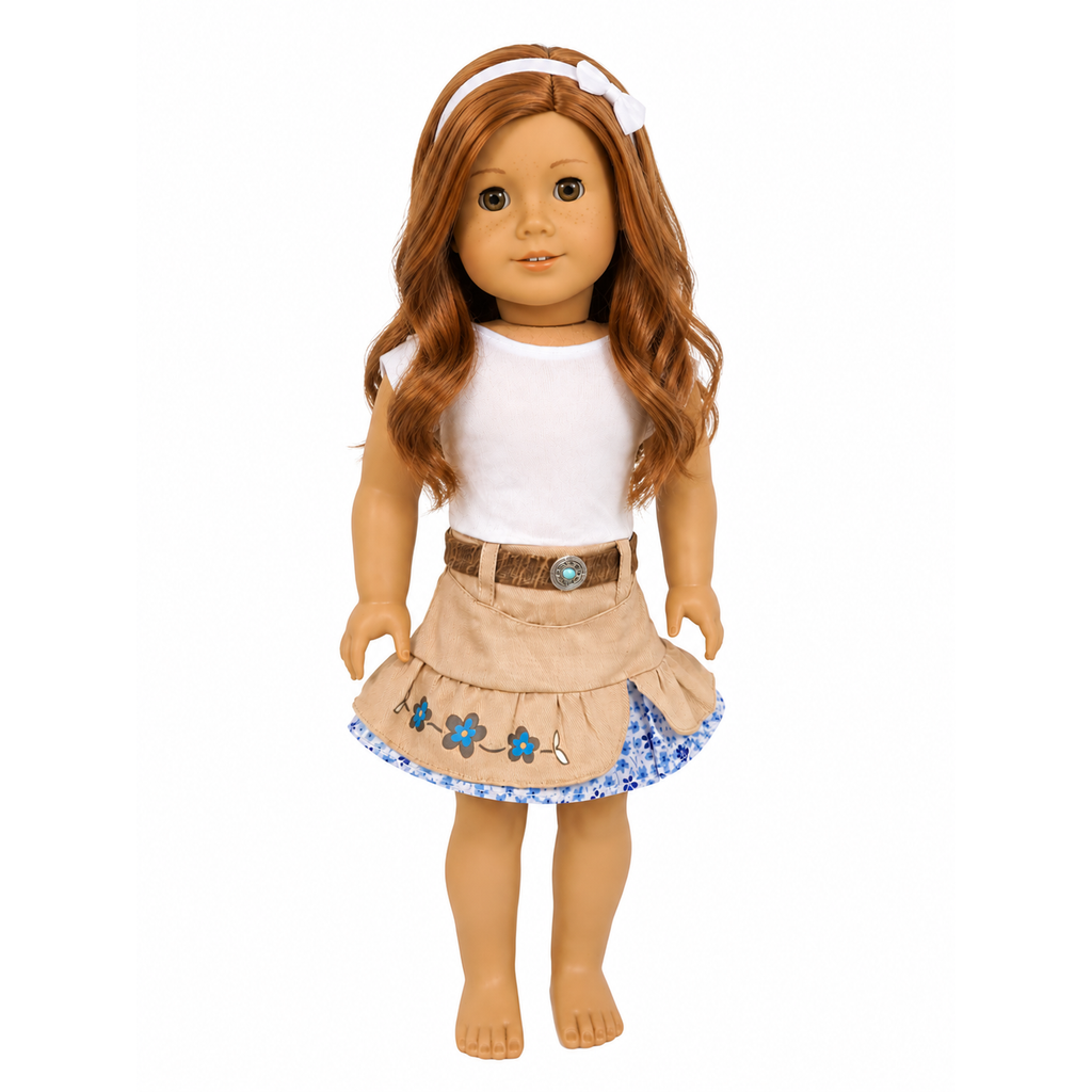 An 18-inch doll with long auburn hair wearing a white sleeveless top, a tan skirt with blue floral trim, and a brown belt with a turquoise buckle, standing against a plain white background.