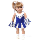 Royal blue and white 3-piece cheerleading outfit for 18-inch dolls with dress, coordinating panties and pom-poms