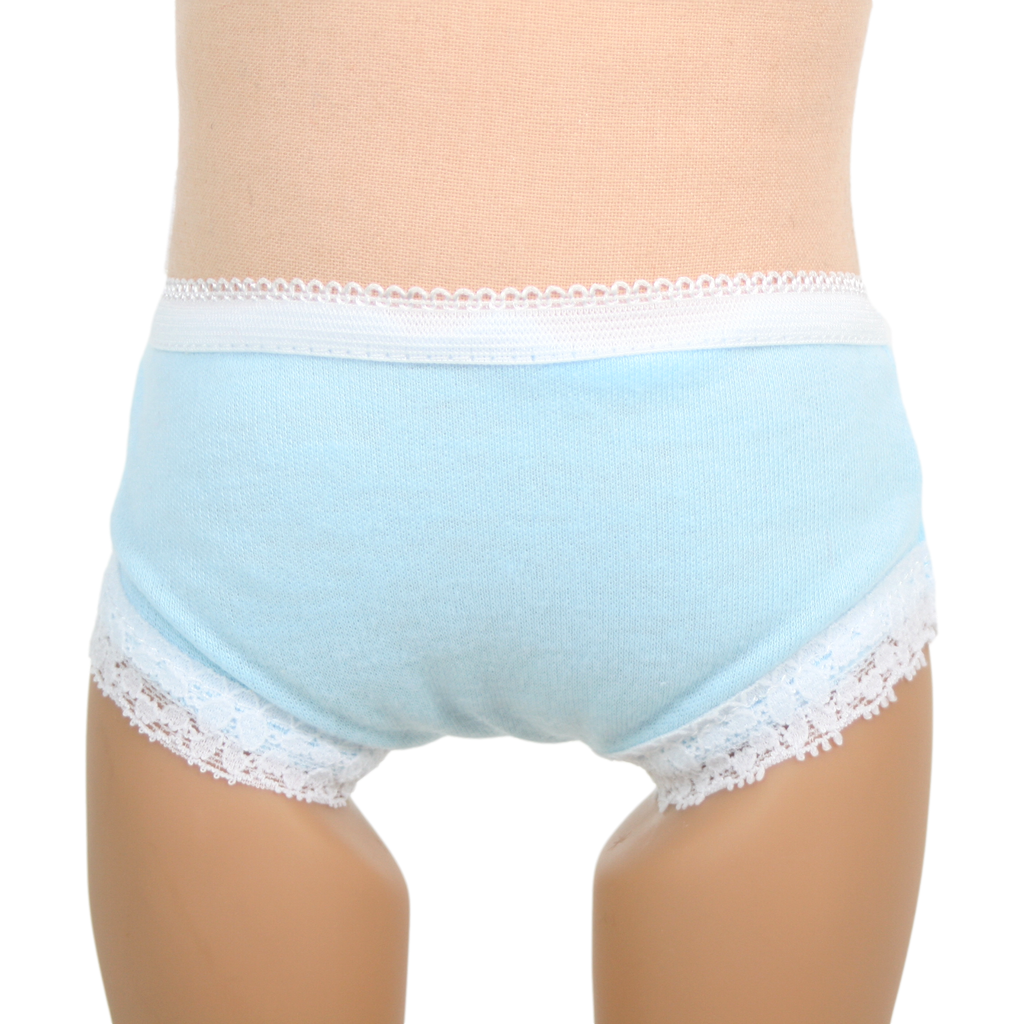 Blue knit underwear panties with white lace trim designed to fit 18-inch dolls