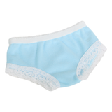 Blue knit underwear panties with white lace trim designed to fit 18-inch dolls