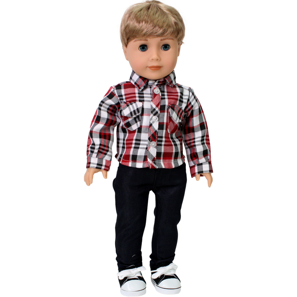 Boys Red Plaid Shirt and Navy Pants