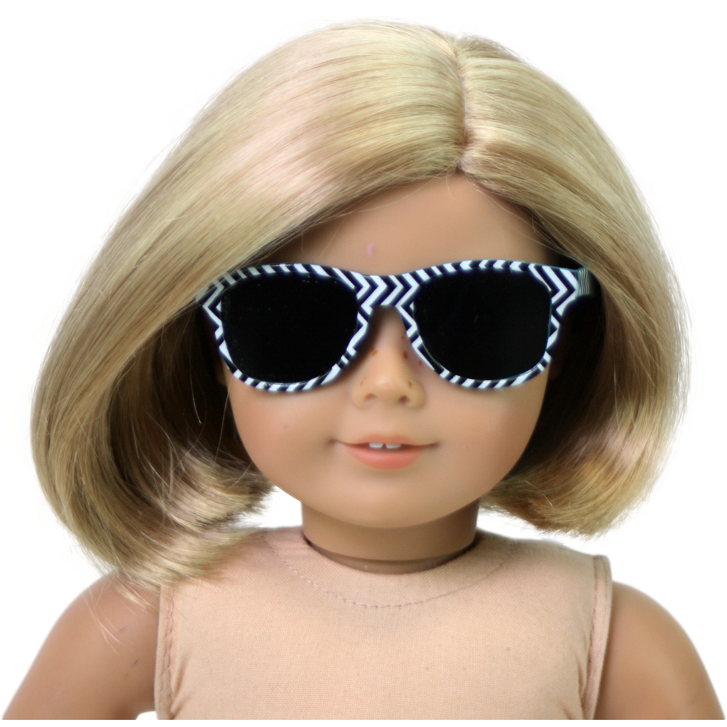 18-inch doll wearing Black and white chevron sunglasses with Turquoise