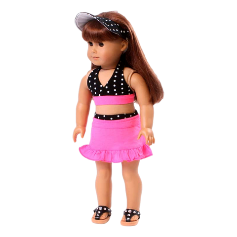 Black & White Polka-Dot Swimsuit w/ Pink Skirt